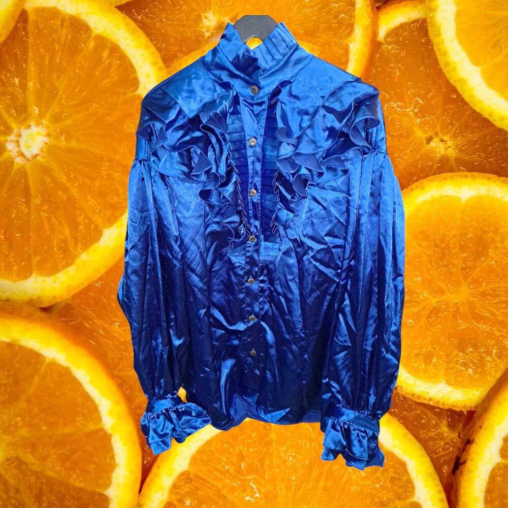 Von Lancelot Men's Royal Blue Long‎ Sleeve Button Down Ruffled Shirt Size XXL